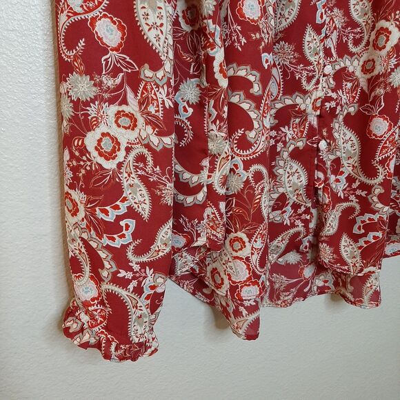 Rose + Olive Blouse Red Women Size M Boho Tassels Paisley Long Sleeve Button Up - Picture 5 of 11